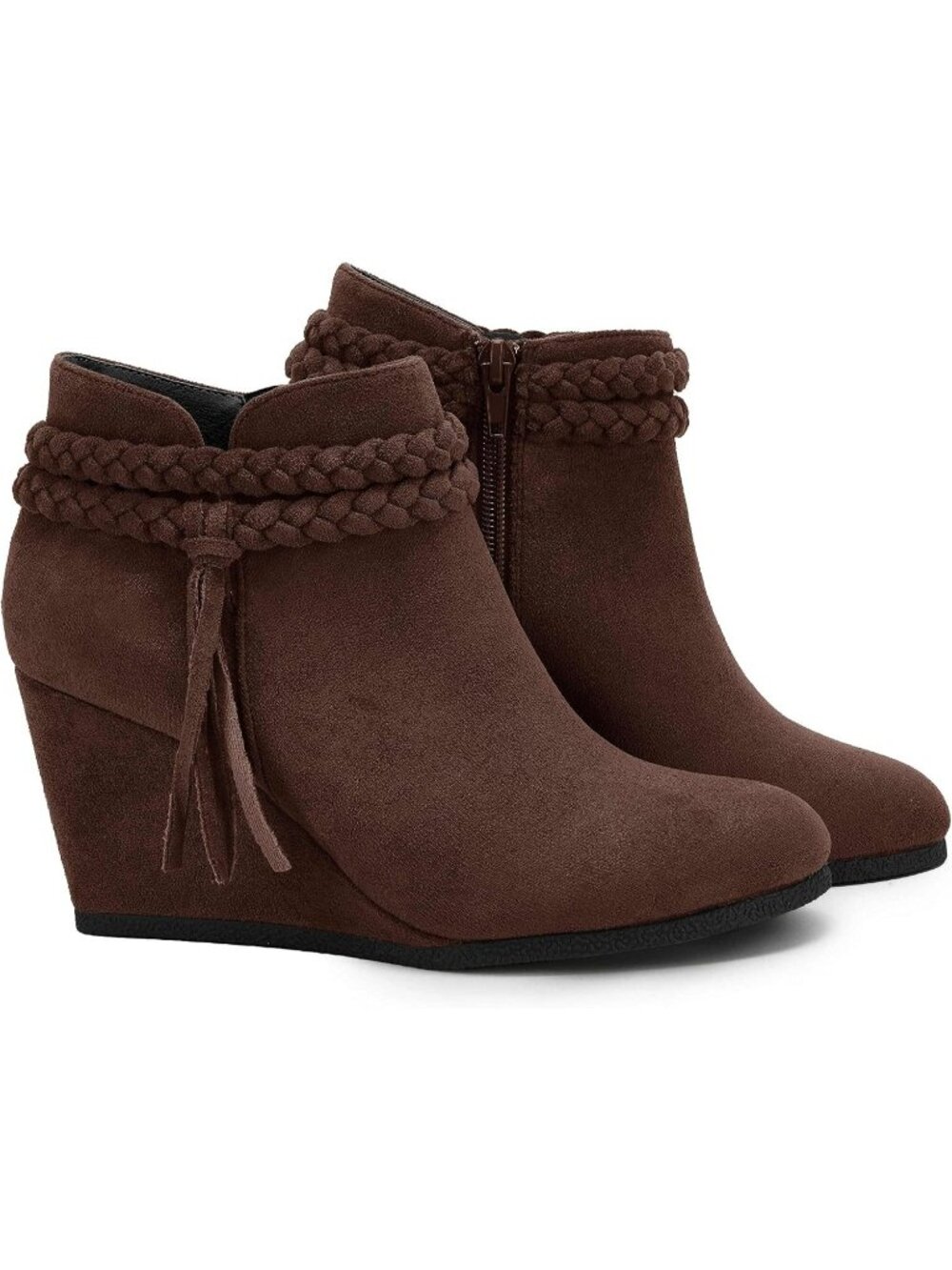 Women's Chocolate Wedge Ankle Boots Braided Fringe Strap Western Heel Booties